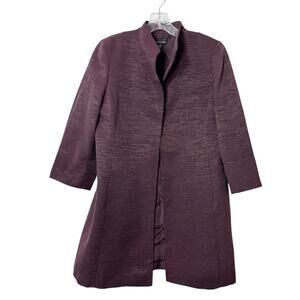 Eileen Fisher High Collar Long Burgundy Jacquard Open Front 3/4 Sleeve Jacket